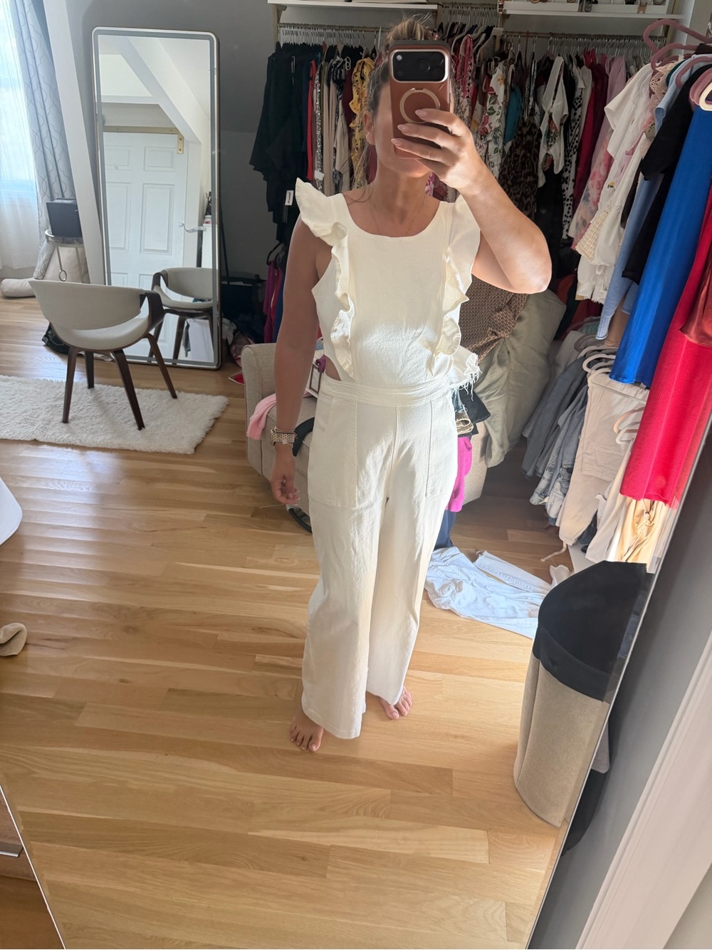 Women's Cream Ruffle-Sleeve Jumpsuit